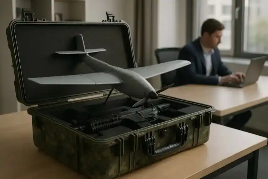 Ein graues Drohnenmodell liegt in einem geöffneten Tarnkoffer auf einem Schreibtisch, im Hintergrund arbeitet ein Mann an einem Laptop.