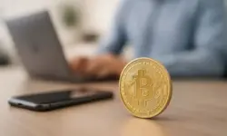 Goldene Bitcoin-Münze auf einem Tisch vor einem Laptop und Smartphone, unscharfer Hintergrund mit Person im Büro.