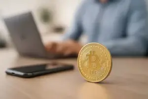Goldene Bitcoin-Münze auf einem Tisch vor einem Laptop und Smartphone, unscharfer Hintergrund mit Person im Büro.
