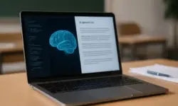 Laptop auf einem Holztisch mit Notizblock und Stift, auf dem Bildschirm ist eine digitale Gehirngrafik zu sehen, im Hintergrund ein unscharfes Klassenzimmer.