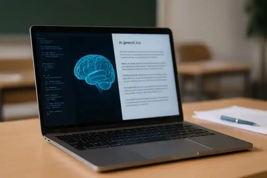 Laptop auf einem Holztisch mit Notizblock und Stift, auf dem Bildschirm ist eine digitale Gehirngrafik zu sehen, im Hintergrund ein unscharfes Klassenzimmer.