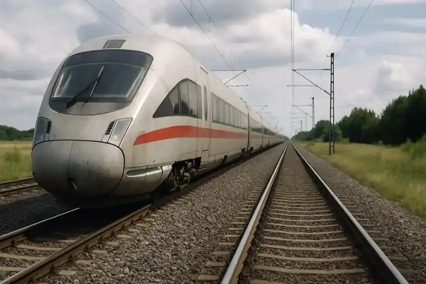 Ein moderner Intercity-Zug steht auf offener Strecke unter wolkigem Himmel, fotografiert mit Tiefenschärfe und ohne Menschen.
