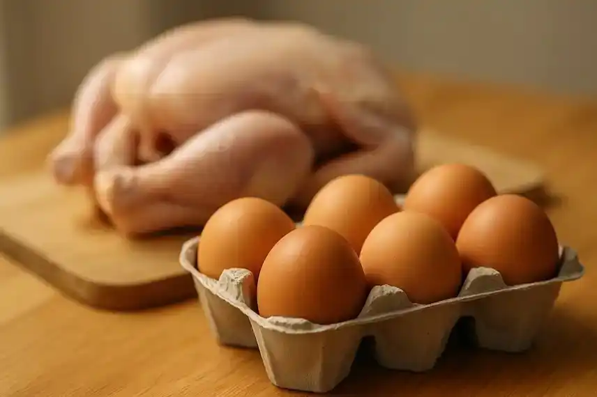 Ein Karton mit braunen Eiern im Vordergrund, dahinter unscharf ein rohes Huhn auf einem Holzbrett.