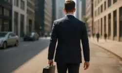 Ein Mann in dunkelblauem Anzug trägt einen Aktenkoffer und geht eine von Hochhäusern gesäumte Stadtstraße entlang.