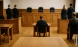 Innenansicht eines Gerichtssaals mit Holzmöbeln und mehreren unscharf dargestellten Personen.