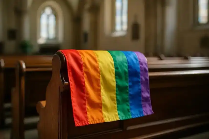 Regenbogenflagge liegt über der Lehne einer hölzernen Kirchenbank, mit unscharfem Kircheninneren im Hintergrund.