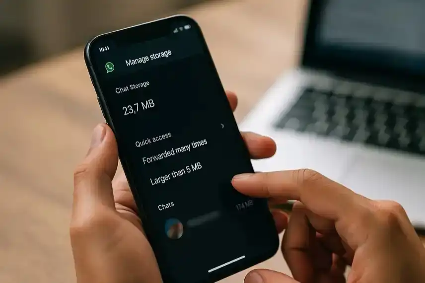 Nahaufnahme einer Hand, die auf einem Smartphone die WhatsApp-Funktion „Speicher verwalten“ im Chat-Info-Bereich öffnet, im Hintergrund ein Laptop auf einem Tisch.