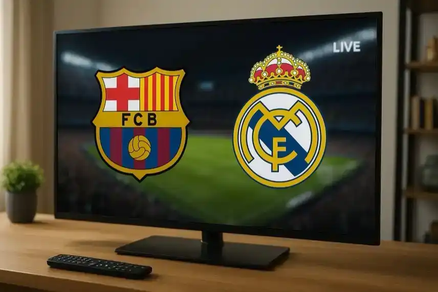 Ein moderner Fernseher zeigt die Logos des FC Barcelona und von Real Madrid in einem Wohnzimmer mit warmer Beleuchtung.