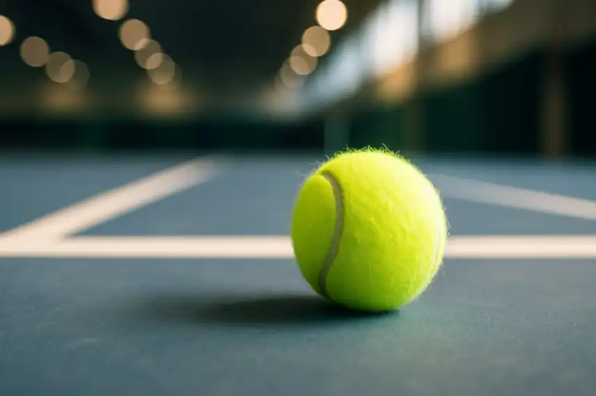 Tennisball auf einem Indoor-Hartplatz mit starker Tiefenschärfe und heller Beleuchtung.