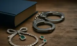 Ein Paar silberner Handschellen, ein blaues Buch und funkelnder Diamantschmuck mit grünen Edelsteinen auf einer hölzernen Oberfläche.