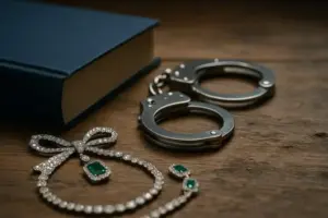 Ein Paar silberner Handschellen, ein blaues Buch und funkelnder Diamantschmuck mit grünen Edelsteinen auf einer hölzernen Oberfläche.