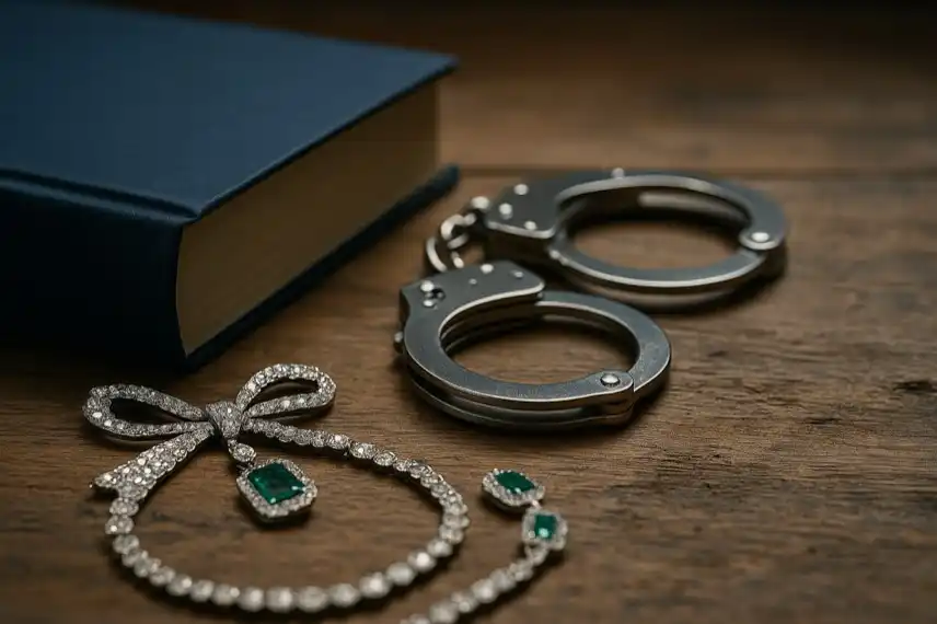 Ein Paar silberner Handschellen, ein blaues Buch und funkelnder Diamantschmuck mit grünen Edelsteinen auf einer hölzernen Oberfläche.