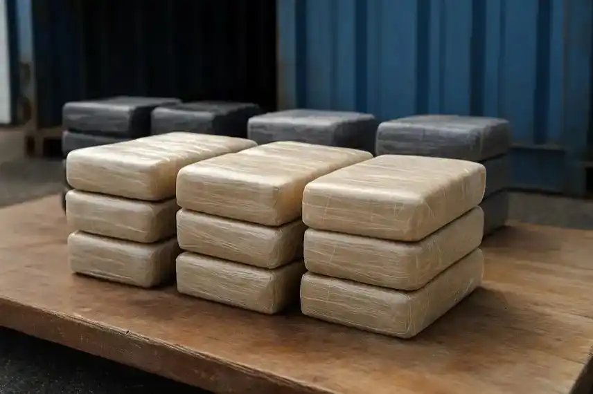 Mehrere gestapelte, in Plastikfolie verpackte Pakete auf einer Holzfläche vor einem blauen Container.