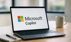 Ein moderner Laptop auf einem Holztisch, daneben eine Tasse und ein Notizbuch, im Hintergrund ein unscharfes Fenster mit Tageslicht.