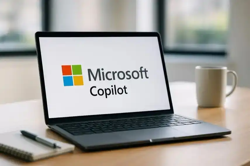 Ein moderner Laptop auf einem Holztisch, daneben eine Tasse und ein Notizbuch, im Hintergrund ein unscharfes Fenster mit Tageslicht.