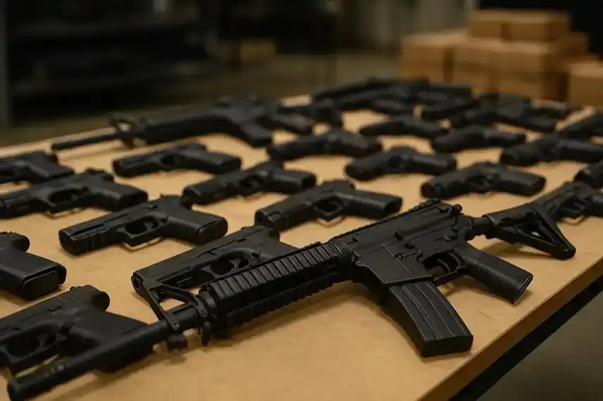 Mehrere schwarze Schusswaffen, darunter Gewehre und Pistolen, liegen ordentlich auf einem Holztisch in einem hell beleuchteten Raum.