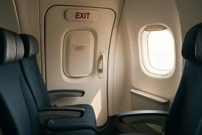 Innenansicht eines Flugzeugs mit Sitzreihe und geschlossener Notausgangstür, durch ein Fenster fällt helles Tageslicht.