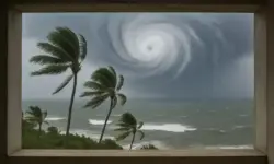 Blick auf eine stürmische Meeresküste mit hohen Wellen, wehenden Palmen und einer riesigen Wirbelwolke am Himmel.