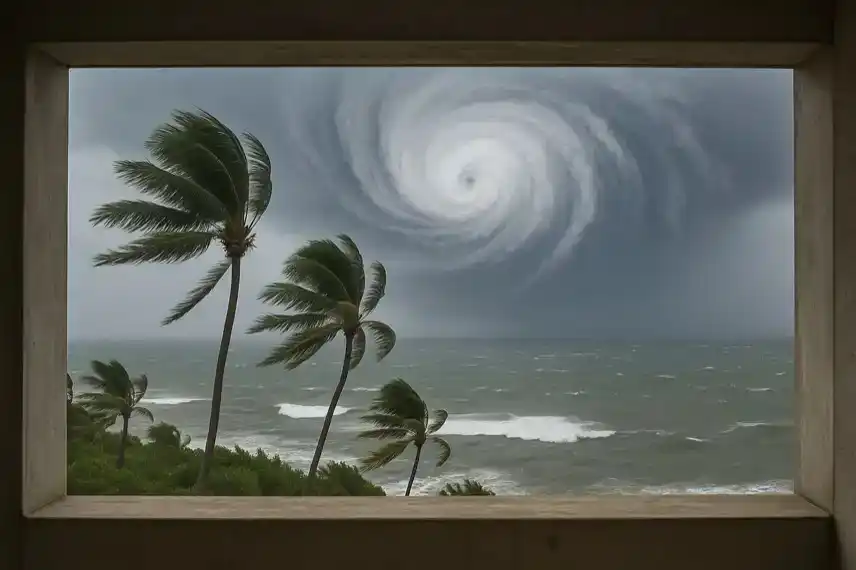 Blick auf eine stürmische Meeresküste mit hohen Wellen, wehenden Palmen und einer riesigen Wirbelwolke am Himmel.