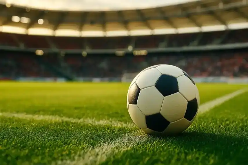 Ein Fußball liegt auf grünem Rasen in einem Stadion bei Sonnenlicht, unscharfer Hintergrund mit Tribünen und Zuschauern.