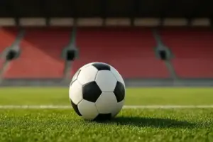 Nahaufnahme eines Fußballes auf grünem Rasen in einem leeren Stadion mit roten Sitzreihen im Hintergrund.