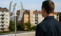 Kleine weiße vertikale Windturbine auf einem Hausdach in einer Stadt, im Hintergrund Wohngebäude bei Tageslicht.