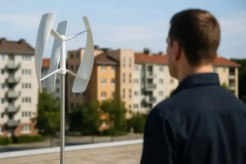 Kleine weiße vertikale Windturbine auf einem Hausdach in einer Stadt, im Hintergrund Wohngebäude bei Tageslicht.