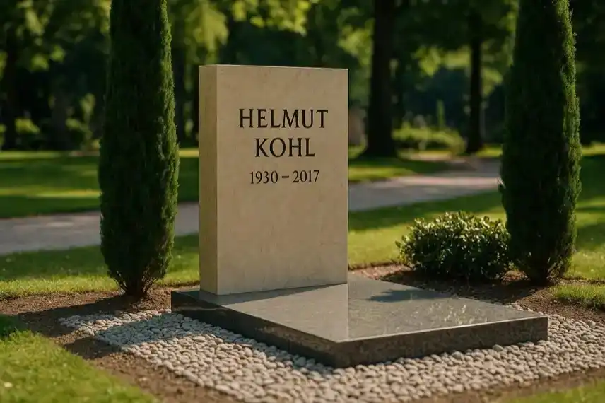 Ein heller Sandstein-Grabstein im Park, umgeben von Zypressen und gepflegtem Rasen, mit sanfter Tiefenschärfe bei Tageslicht.