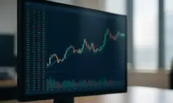 Nahaufnahme eines Computerbildschirms mit farbigen Kursdiagrammen und Zahlen in einem hellen Büro mit unscharfem Hintergrund.