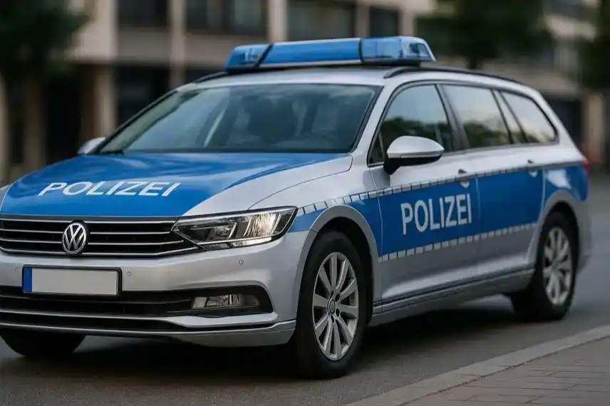Ein deutsches Polizeiauto steht am Straßenrand einer Stadt, aufgenommen bei Tageslicht.