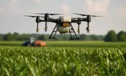 Eine Agrardrohne sprüht über einem Feld, im Hintergrund steht ein Traktor auf einer weiten grünen Ackerfläche.