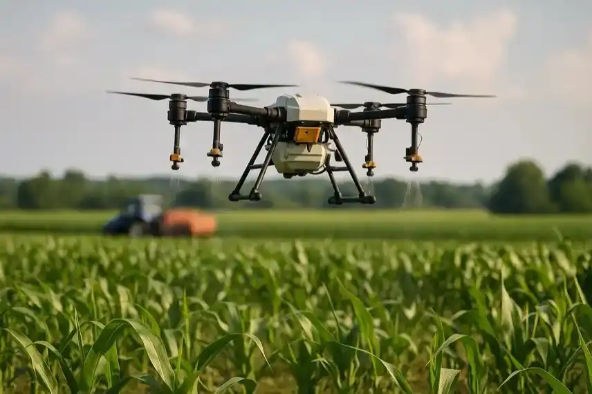 Eine Agrardrohne sprüht über einem Feld, im Hintergrund steht ein Traktor auf einer weiten grünen Ackerfläche.