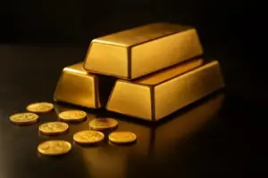 Ein Stapel glänzender Goldbarren liegt auf einem dunklen, reflektierenden Untergrund, daneben sind einige verstreute Goldmünzen zu sehen.