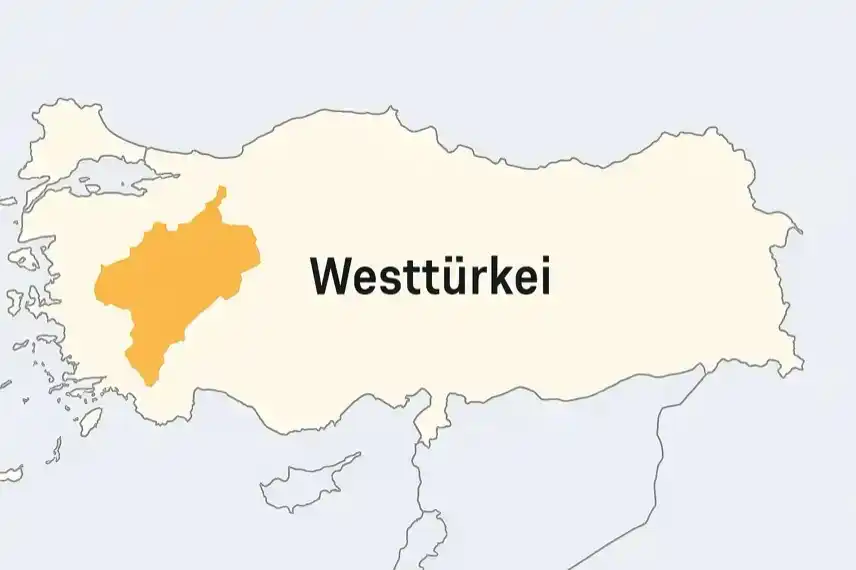 Landkarte der Türkei mit hervorgehobener westlicher Region, markiert in Orange und beschriftet als „Westtürkei“.