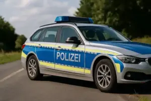 Zwei stark beschädigte Autos nach einem Frontalzusammenstoß auf einer Landstraße, umgeben von Trümmern und Herbstlandschaft.