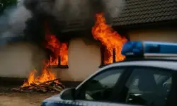 Ein Haus brennt mit hellen Flammen aus den Fenstern, dichter Rauch steigt auf, im Vordergrund steht ein Polizeiauto.