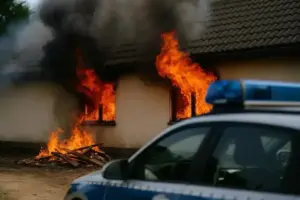 Ein Haus brennt mit hellen Flammen aus den Fenstern, dichter Rauch steigt auf, im Vordergrund steht ein Polizeiauto.