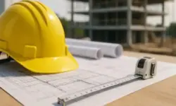 Ein gelber Bauhelm und ein Maßband liegen auf einem Architekturplan, im Hintergrund ist ein unscharf dargestelltes Baustellengebäude zu sehen.