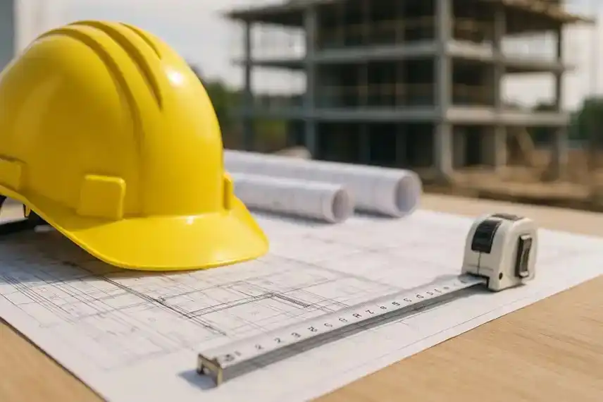 Ein gelber Bauhelm und ein Maßband liegen auf einem Architekturplan, im Hintergrund ist ein unscharf dargestelltes Baustellengebäude zu sehen.