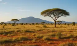 Weite kenianische Savanne mit goldgelbem Gras, roten Erdeflächen, vereinzelten Akazienbäumen und Bergen im Hintergrund unter klarem Himmel.
