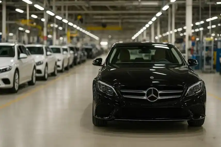 Ein schwarzer Mercedes steht in einer Produktionshalle mit weiteren Fahrzeugen im Hintergrund.