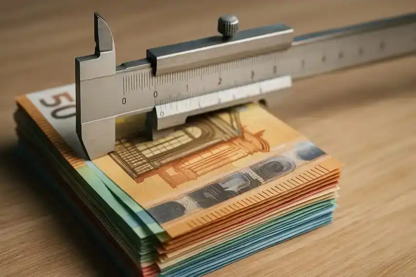 Nahaufnahme eines Messschiebers, der einen Stapel farbiger Eurobanknoten auf einem Holztisch misst.