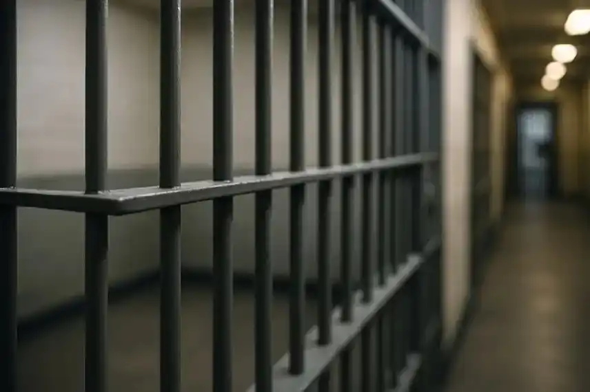 Leerer Gefängniskorridor mit Metallgittern und offener Zellentür, in natürlichem Licht fotografiert.