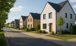 Eine helle, fotorealistische Aufnahme einer modernen Wohnsiedlung mit Einfamilienhäusern, Bäumen und gepflegten Vorgärten an einer sonnigen Straße.