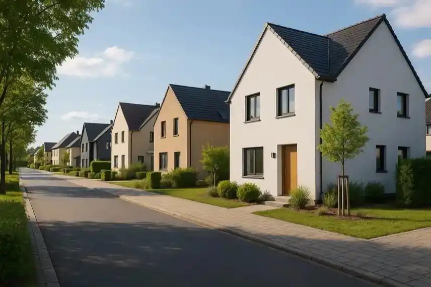 Eine helle, fotorealistische Aufnahme einer modernen Wohnsiedlung mit Einfamilienhäusern, Bäumen und gepflegten Vorgärten an einer sonnigen Straße.