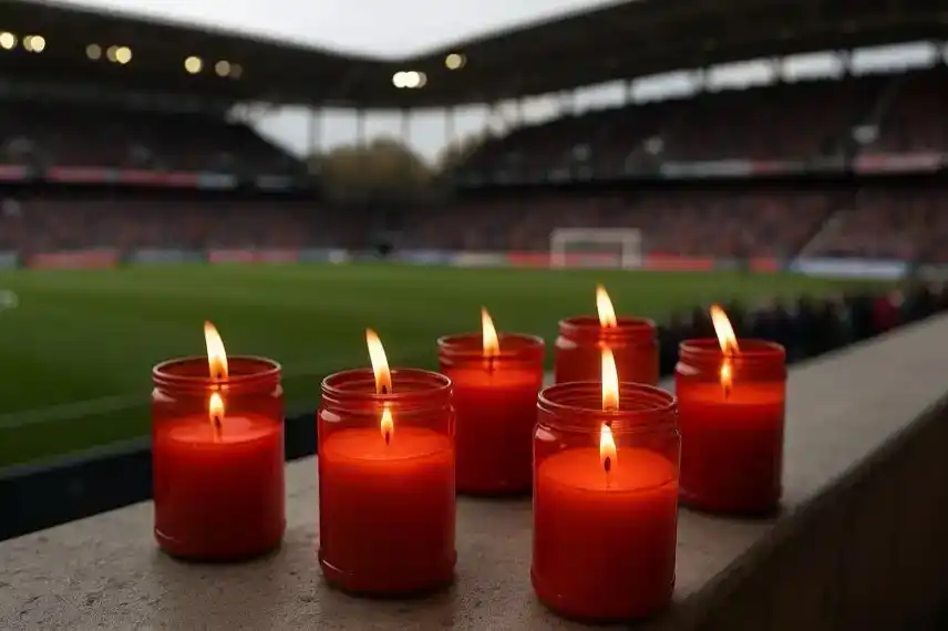 Rote brennende Kerzen in Glasbehältern am Spielfeldrand eines Fußballstadions mit unscharfem Hintergrund aus Zuschauern und Spielfeld.