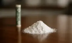 Ein kleiner Haufen weißes Pulver liegt auf einem Holztisch neben einer zusammengerollten Geldnote, mit unscharfem Hintergrund.