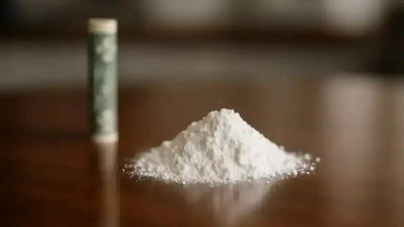 Ein kleiner Haufen weißes Pulver liegt auf einem Holztisch neben einer zusammengerollten Geldnote, mit unscharfem Hintergrund.