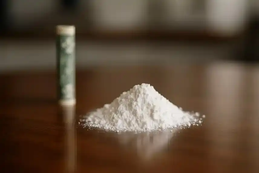 Ein kleiner Haufen weißes Pulver liegt auf einem Holztisch neben einer zusammengerollten Geldnote, mit unscharfem Hintergrund.