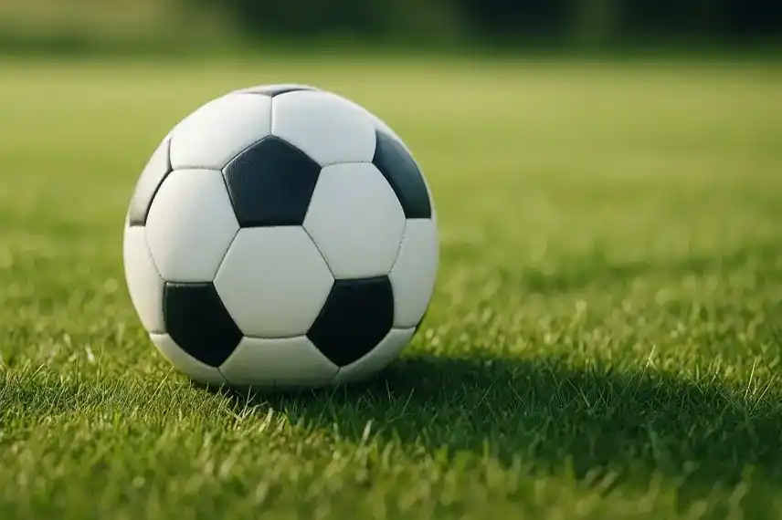 Nahaufnahme eines klassischen schwarz-weißen Fußballs auf grünem Rasen bei Sonnenlicht.